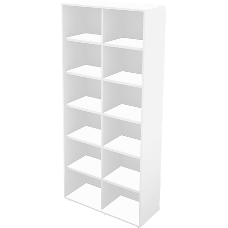 A white shelf with 10 compartments, on a neutral background.