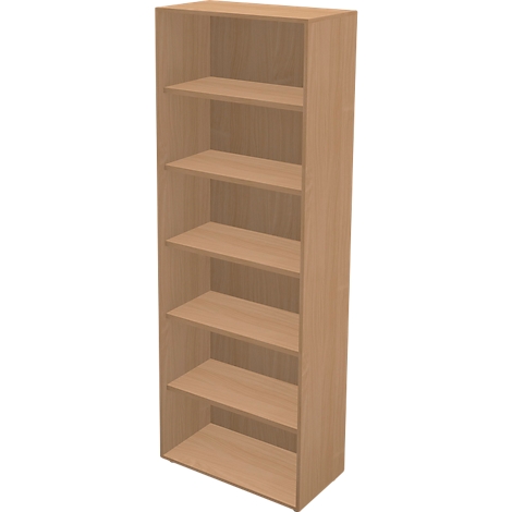 Beige wooden shelf with six compartments. The shelves are empty.