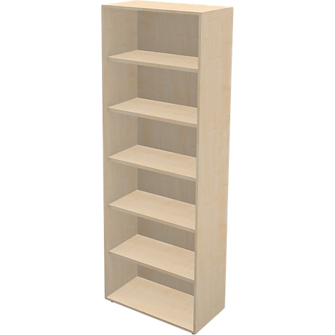 Light brown bookshelf with six shelves, simple design.