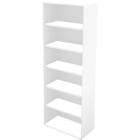 White shelf with six shelves, freestanding against a white background.