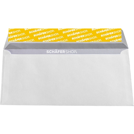 Ein weißer Briefumschlag mit grauem Rand und gelbem Aufdruck „SCHÄFER SHOP“.