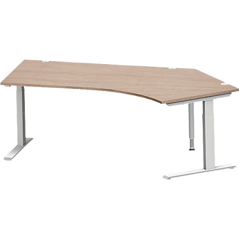 Bureau ergonomique brun clair avec bord arrondi et pieds blancs réglables en hauteur.