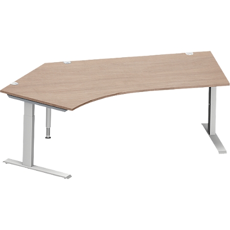 Un bureau d'angle ergonomique avec un fini bois clair et des pieds en métal blanc. Il offre une forme incurvée pour plus d'espace de travail.