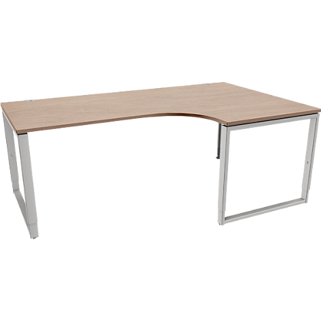 Bureau d'angle avec un plateau en bois clair et un cadre en métal argenté sur fond blanc.