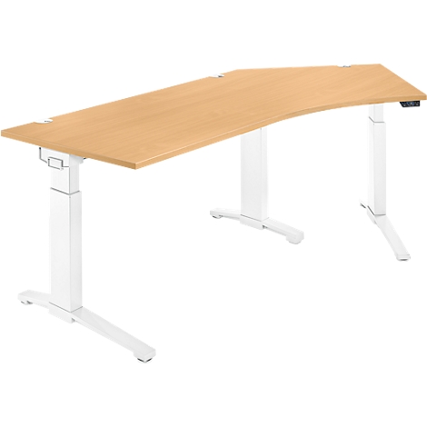 Un bureau réglable en hauteur avec un plateau de table brun clair et des pieds blancs. Le dessus a une forme arrondie.