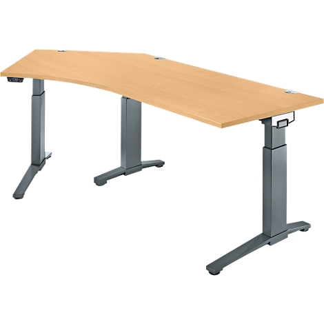 Bureau réglable en hauteur avec plateau en bois clair et pieds en métal gris. Le design est moderne et ergonomique.