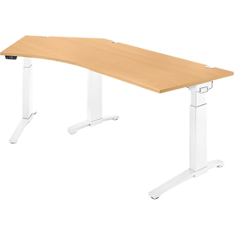 Un bureau réglable en hauteur avec un plateau de table brun clair et des pieds blancs. Les coins sont arrondis.