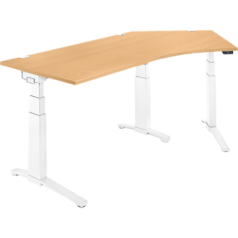 Un bureau réglable en hauteur avec un plateau de table marron clair et des pieds blancs.