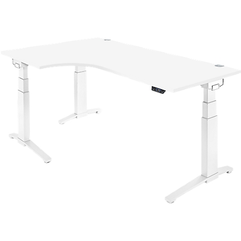 Bureau d'angle blanc, réglable en hauteur. Le plateau a un coin arrondi et un panneau de commande avec des boutons.