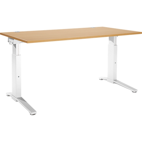 Een lichte, rechthoekige bureautafel met een wit frame en in hoogte verstelbare poten, op een witte achtergrond.