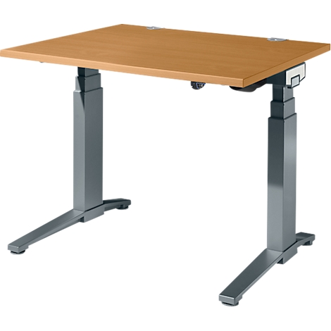 Un bureau en bois réglable en hauteur, avec un cadre en métal gris. Le plateau est rectangulaire et brun clair.
