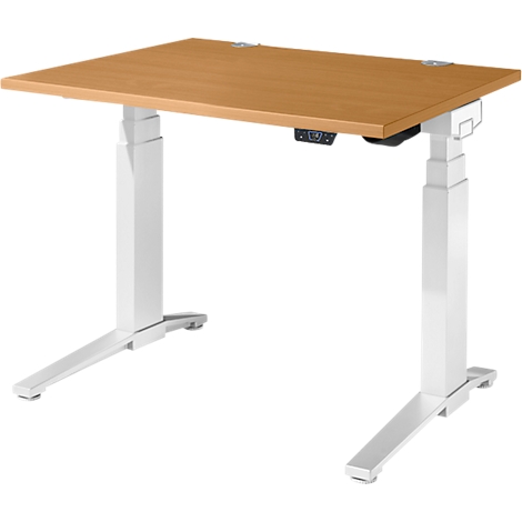 Bureau réglable en hauteur avec un plateau de table brun clair et des pieds blancs. La commande est fixée sous le bureau.