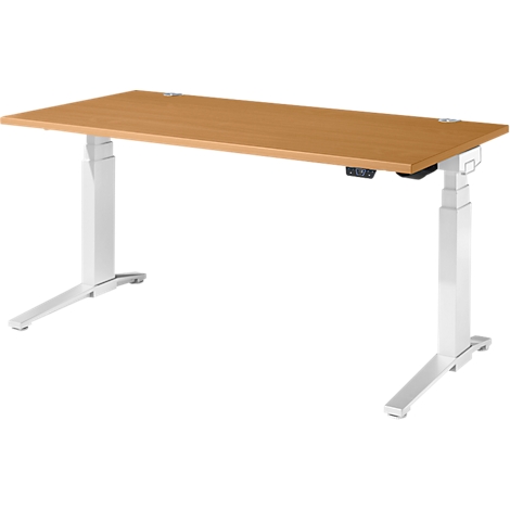 Bureau clair avec pieds blancs réglables en hauteur et un plateau de table couleur bois.