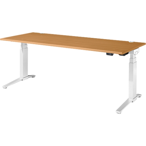 Bureau clair avec pieds blancs réglables en hauteur. Le plateau est en bois clair.