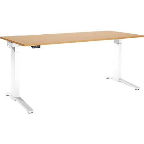 Bureau réglable en hauteur, brun clair, avec des pieds blancs, sur fond blanc. Il y a un panneau de contrôle sur le bord avant.