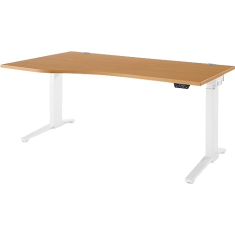 Bureau d'angle avec plateau marron clair et pieds blancs. Il y a un panneau de commande sur le bord.