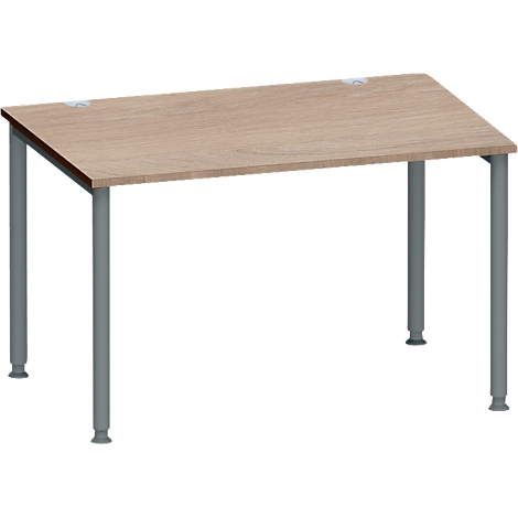 Een rechthoekig bureau met een lichtbruin tafelblad en grijze poten.