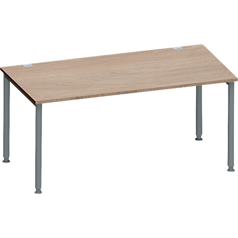 Rechthoekige, lichtbruine tafel met grijze poten, schuin van bovenaf gefotografeerd.