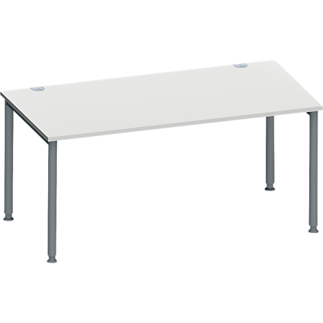 Witte bureau met grijze poten. Het tafelblad is rechthoekig.