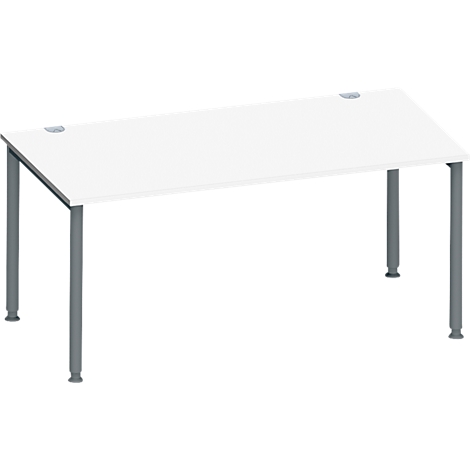 Witte bureautafel met grijze poten, iets schuin. Twee ronde openingen bovenop, voor kabels.