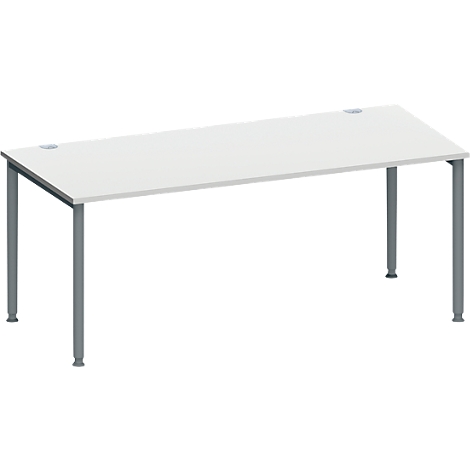 Witte bureau met grijze poten. Twee ronde openingen bovenaan.