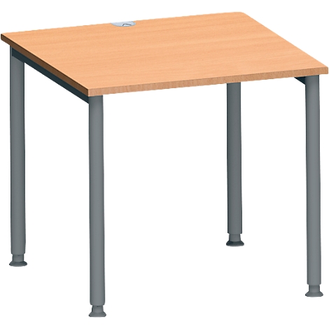 Kleine, rechthoekige tafel met een lichtbruin tafelblad en grijze metalen poten.