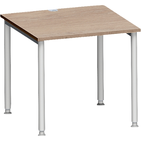 Vierkante tafel met een blad in houtlook en witte poten. De tafel staat op een witte achtergrond.