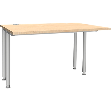 Rechthoekig, lichtgekleurd bureau met zilveren poten.