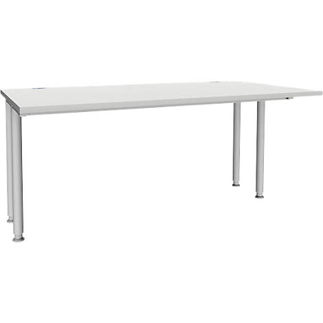 Witte bureau met vier metalen poten, rechthoekig tafelblad.