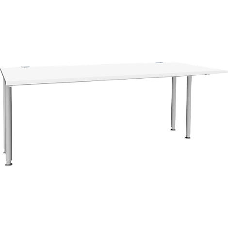 Witte bureau met smalle grijze poten, tegen een witte achtergrond.