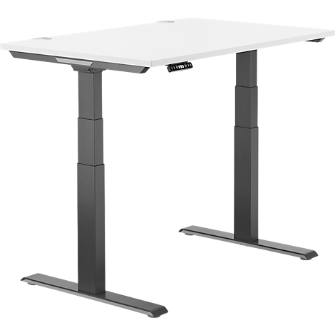 In hoogte verstelbaar bureau, wit blad, grijze poten, bedieningspaneel met cijfers.
