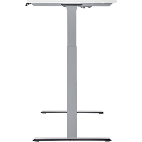 In hoogte verstelbaar bureau, lichtgrijze metalen constructie, wit tafelblad.