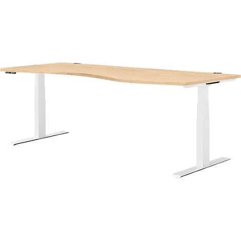 Lichtbruine, ergonomische bureau met witte poten en licht gebogen tafelblad. Het bureau is afgebeeld tegen een witte achtergrond.