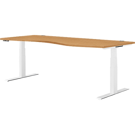In hoogte verstelbaar bureau met houten blad en wit frame.