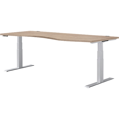 Lichtbruine ergonomische bureau met witte in hoogte verstelbare poten op een witte achtergrond.