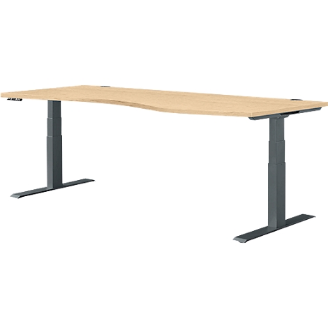 Lichtbruine, ergonomisch gevormde bureau met grijs frame, tegen een witte achtergrond.