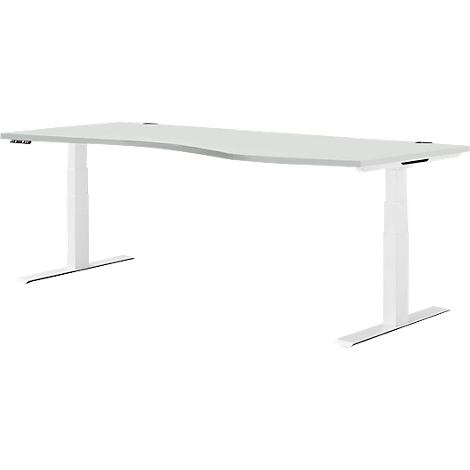 Witte bureau met gebogen tafelblad. In hoogte verstelbaar, twee poten.