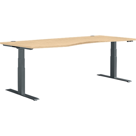 Lichtbruine ergonomische bureau met grijze in hoogte verstelbare poten op een witte achtergrond.