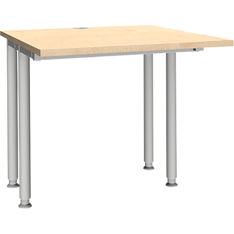 Un bureau carré et clair avec quatre pieds argentés et un dessus en bois clair.