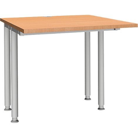 Bureau carré avec un plateau de table marron clair et quatre pieds gris. Les pieds sont cylindriques.