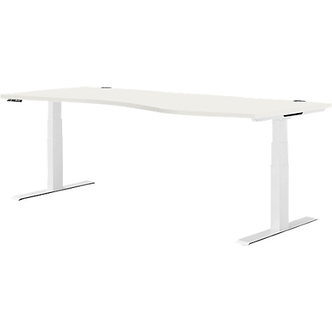 Bureau blanc réglable en hauteur avec plateau incurvé et pieds blancs.