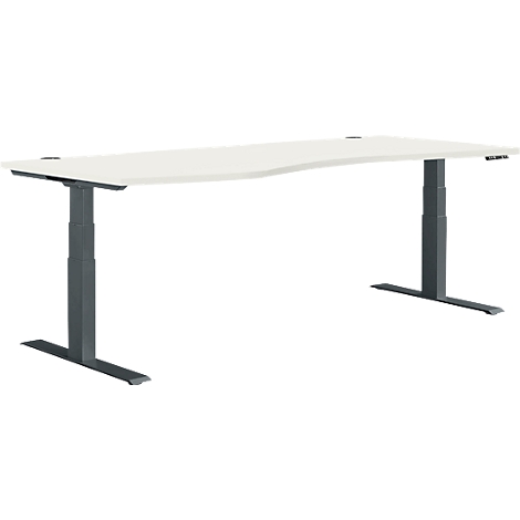 Un bureau blanc de forme ergonomique avec un cadre gris, réglable en hauteur.