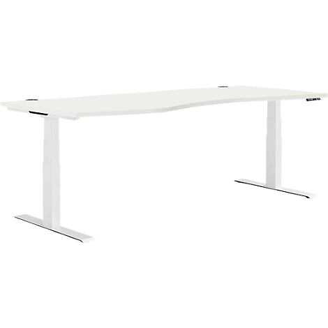 Bureau ergonomique blanc avec plateau incurvé. Deux colonnes blanches soutiennent la table. Hauteur réglable, commandes sur le bord droit.
