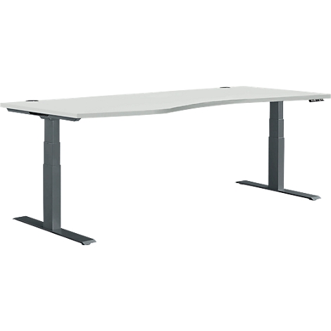 Un bureau gris réglable en hauteur avec un plateau de table gris clair et des pieds gris foncé.