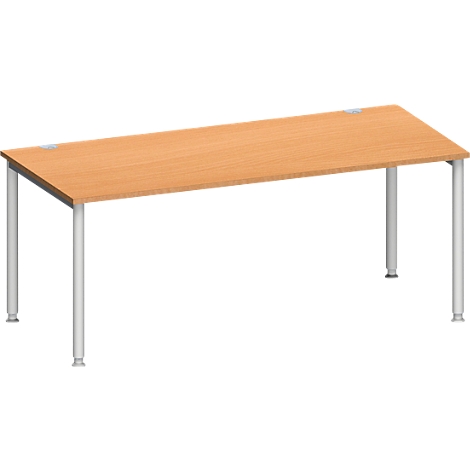 Un bureau marron clair avec quatre pieds blancs et des pieds réglables.