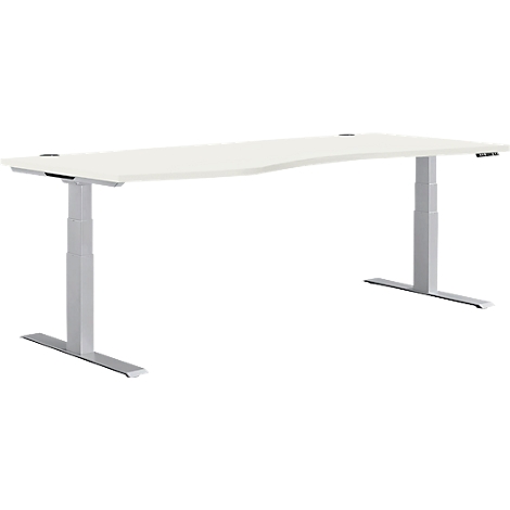 Een witte ergonomische bureau met verstelbare grijze poten, tegen een witte achtergrond.