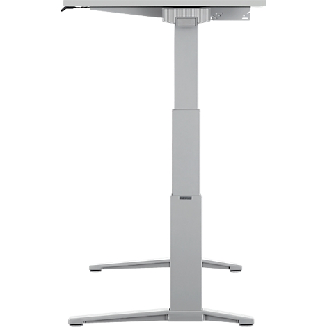 Een in hoogte verstelbaar, grijs bureau, getoond in detail. Het tafelblad en het frame hebben een neutrale stijl.