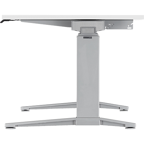 Lichtgrijze in hoogte verstelbare bureau met wit tafelblad, stalen frame en vier poten.