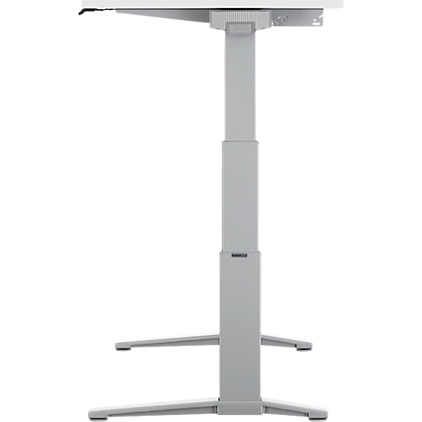 In hoogte verstelbaar bureau met wit tafelblad, grijs frame, in detail tegen een witte achtergrond.