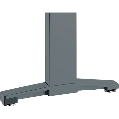 Gray table base, in detail. Rectangular stand with stable feet that have small black pads at the ends.